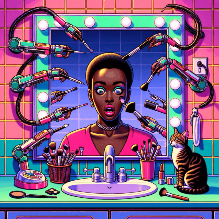 Espejo futurista aplicando maquillaje automáticamente a una persona frente a él