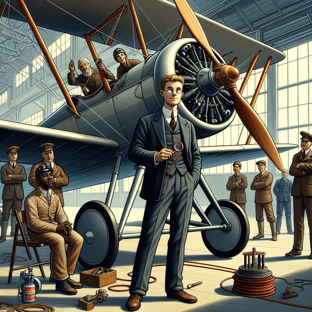 Yo-yo junto a un avión biplano de la Primera Guerra Mundial en un hangar histórico