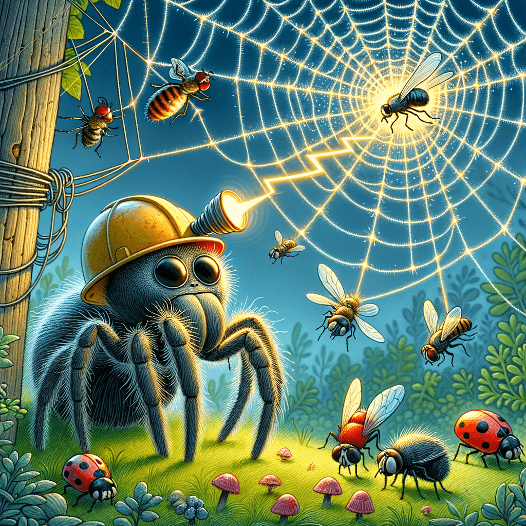Araña Uloborus tejiendo una telaraña con destellos eléctricos visibles