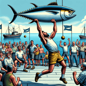 Personas lanzando atunes al aire en una competencia junto al mar