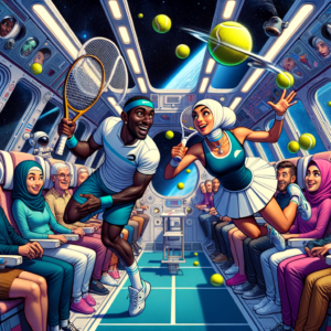 Astronautas jugando tenis en una estación espacial con pelotas flotando en gravedad cero