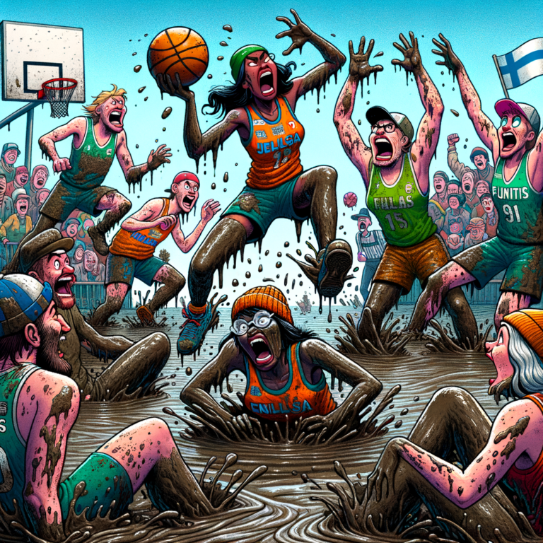 Jugadores de baloncesto cubiertos de barro compitiendo en un pantano lleno de charcos