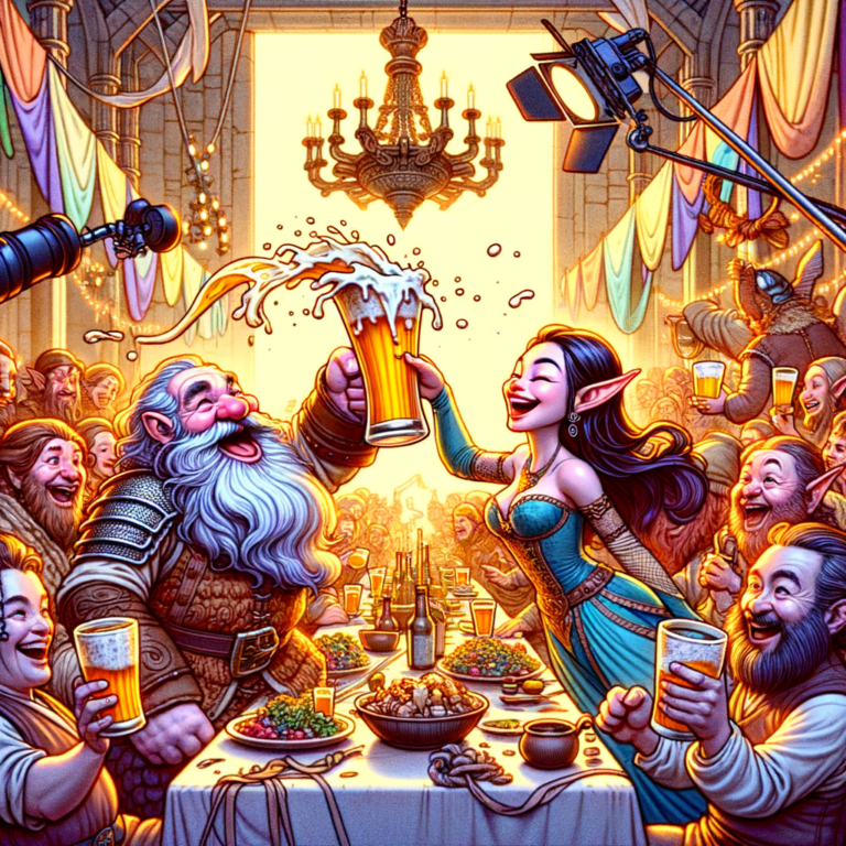 Gimli levantando una jarra de cerveza en una escena de celebración en "El Señor de los Anillos"