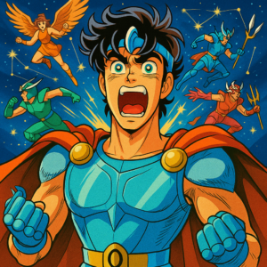 Seiya con expresión exagerada de sorpresa en una escena de "Los Caballeros del Zodiaco"