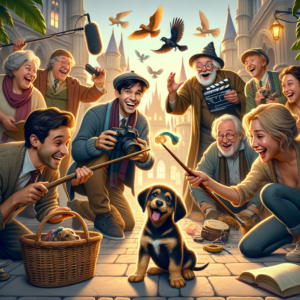 Cachorro juguetón entre actores vestidos de magos en un set de película mágica