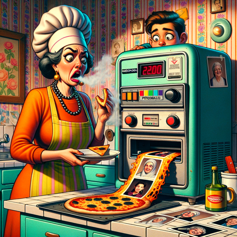Cocinero confundido con pizza caliente y fotos quemadas saliendo de un microondas fotográfico en una cocina de los 80