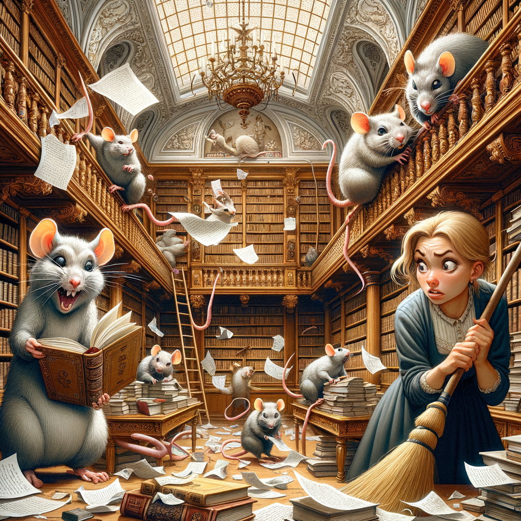 Ratones mordisqueando libros en una biblioteca del siglo XVIII mientras un bibliotecario frustrado intenta ahuyentarlos