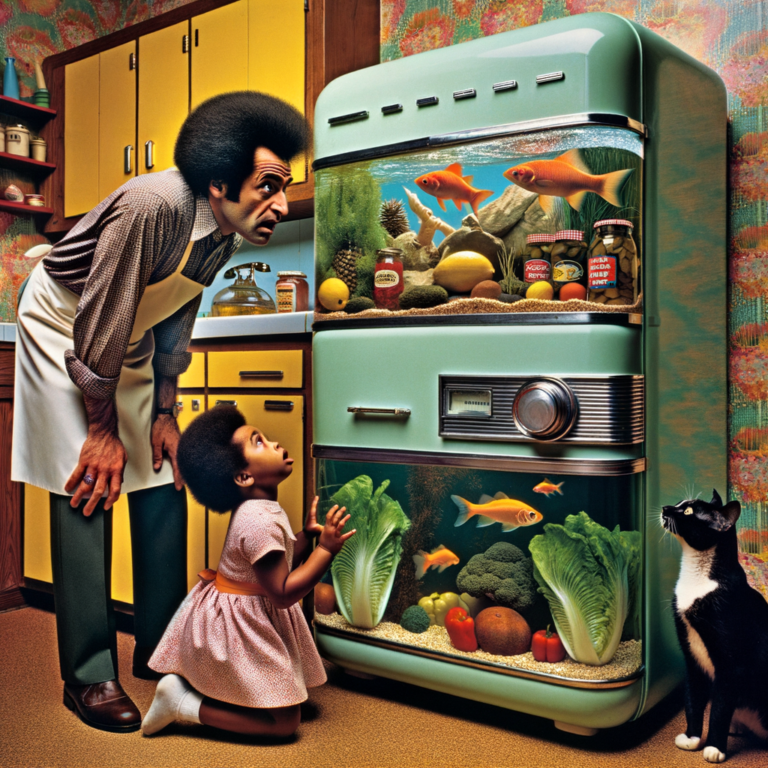 Cocinero confundido mirando una nevera acuario con peces nadando junto a alimentos en una cocina retro
