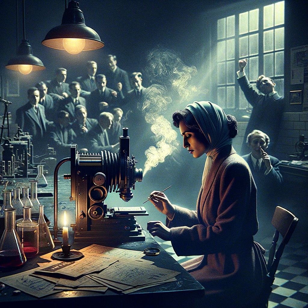 Rosalind Franklin observando una imagen de difracción de rayos X en un laboratorio