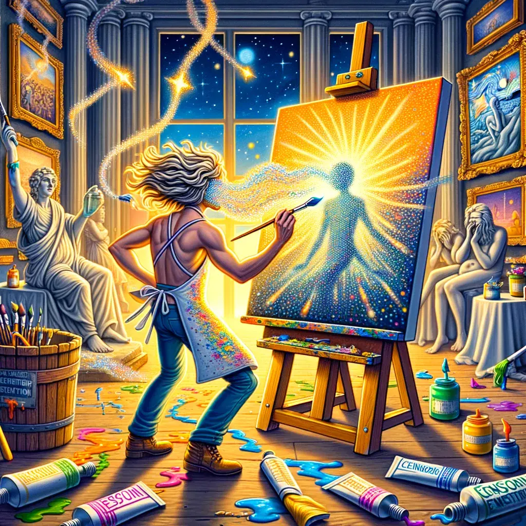 Artistas creando obras de arte extravagantes en un estudio lleno de lienzos y esculturas inusuales