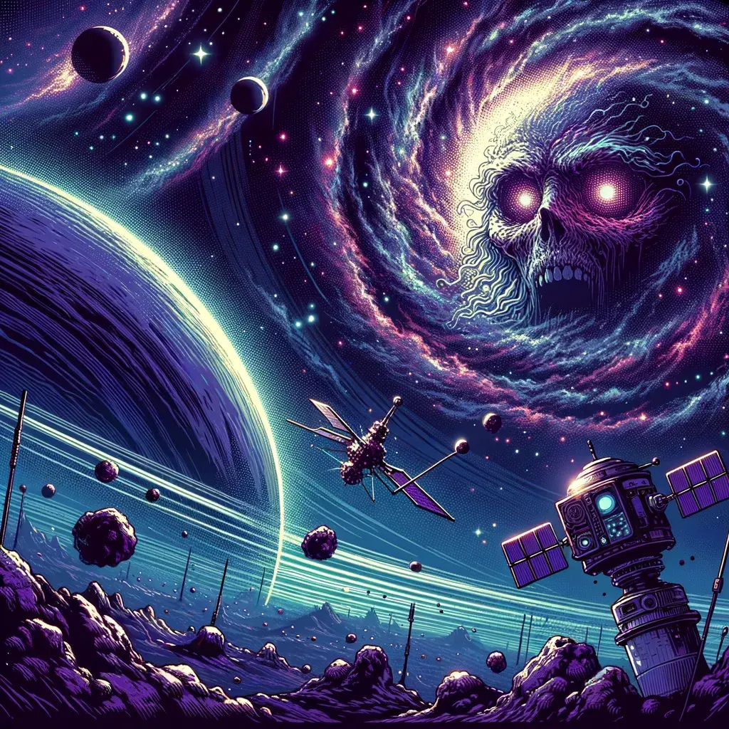 Planetas y agujeros negros flotando en el espacio con un toque surrealista