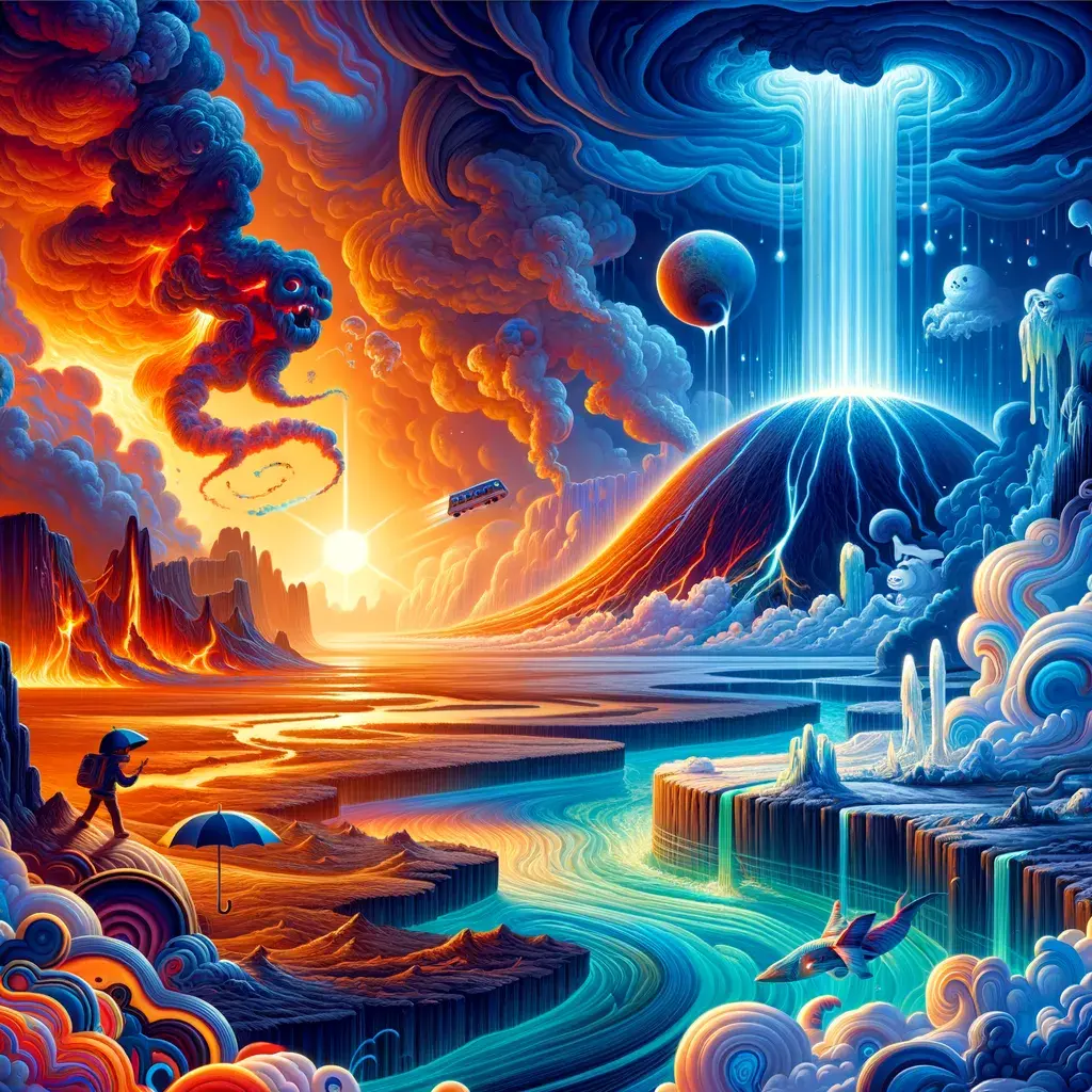 Paisaje terrestre con erupciones, ríos hirviendo y tormentas en un entorno surrealista