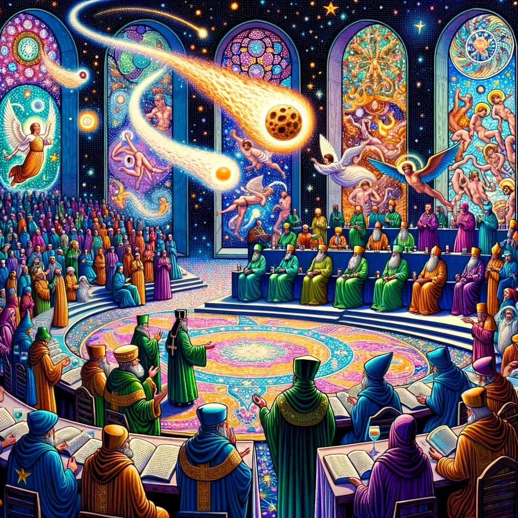 Clérigos realizando rituales inusuales en una iglesia medieval llena de símbolos religiosos