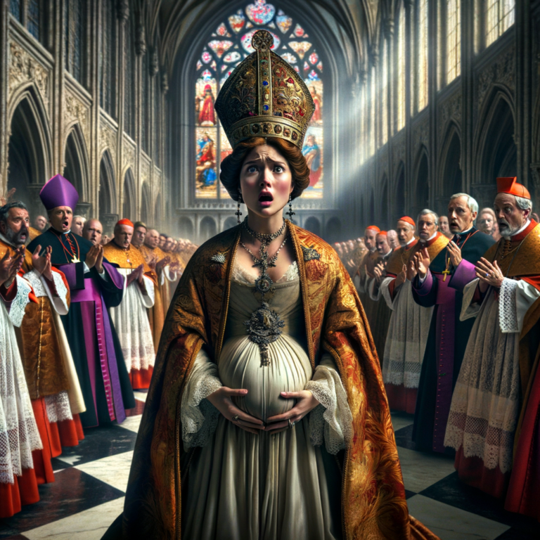 Mujer disfrazada de Papa revelando su identidad en una procesión medieval