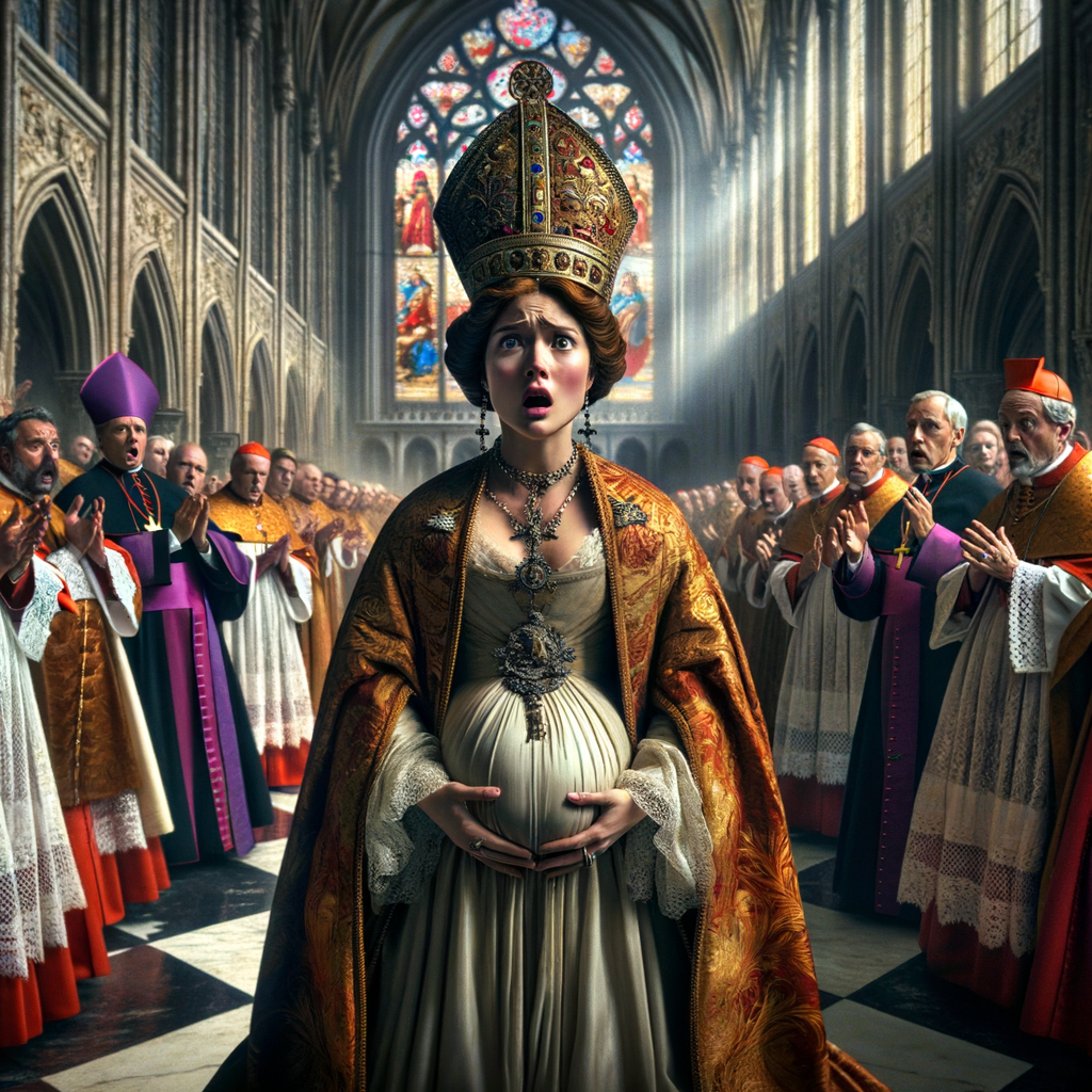 Mujer disfrazada de Papa revelando su identidad en una procesión medieval