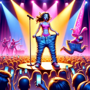 cantante pop en el escenario con pantalones caídos, rodeada de luces de neón y fans sorprendidos, mientras un asistente sostiene un pantalón de repuesto
