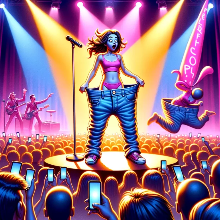 cantante pop en el escenario con pantalones caídos, rodeada de luces de neón y fans sorprendidos, mientras un asistente sostiene un pantalón de repuesto