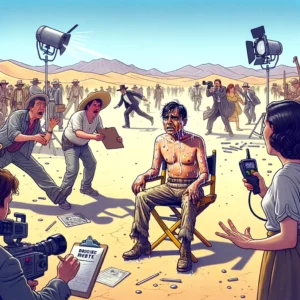 actor exhausto con maquillaje derretido y disfraz ajustado en un set de desierto, rodeado de equipo de filmación agitado y un director gesticulando
