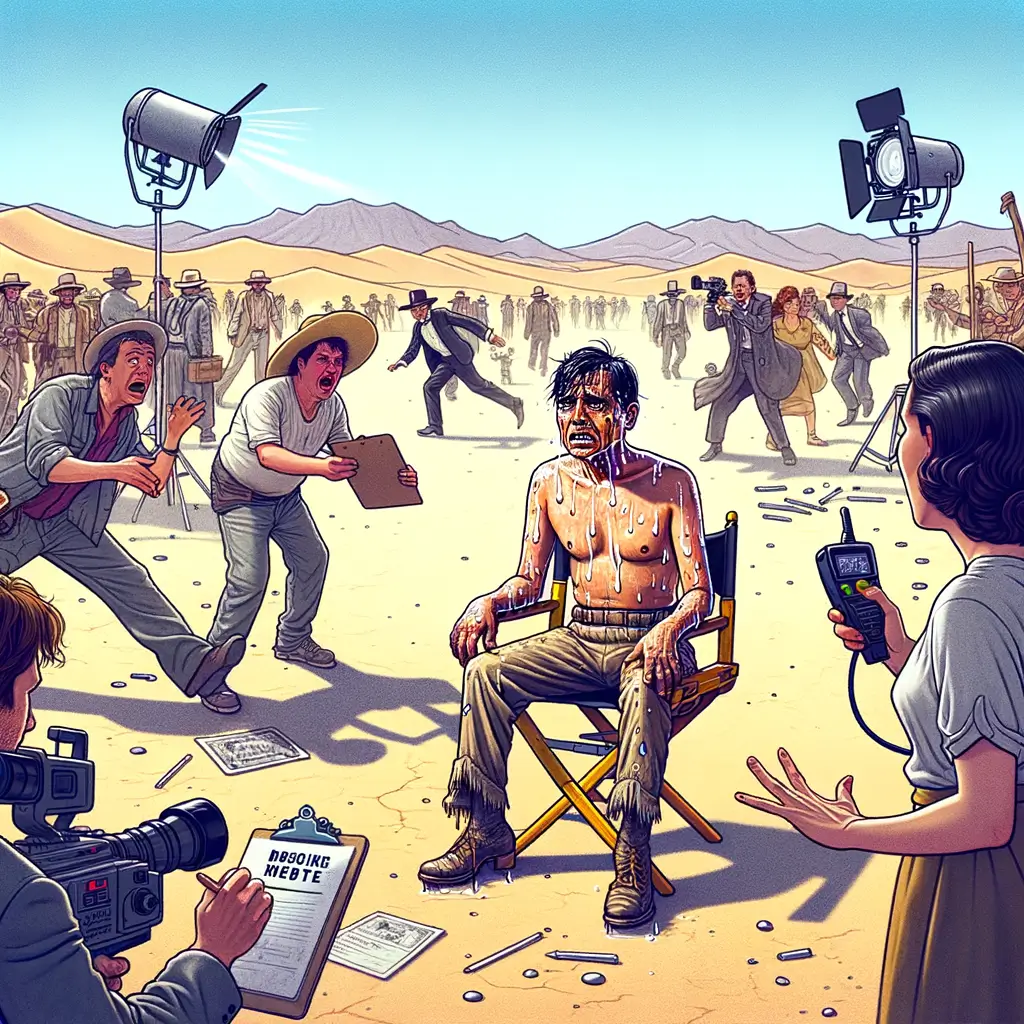 actor exhausto con maquillaje derretido y disfraz ajustado en un set de desierto, rodeado de equipo de filmación agitado y un director gesticulando