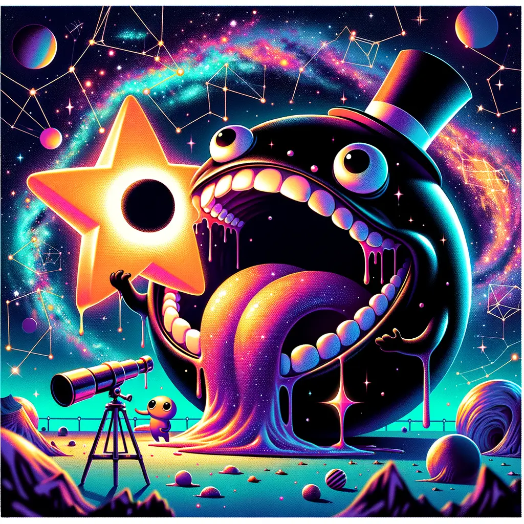 agujero negro caricaturesco con sombrero de copa devora una estrella mientras un alienígena observa con telescopio en un fondo cósmico colorido