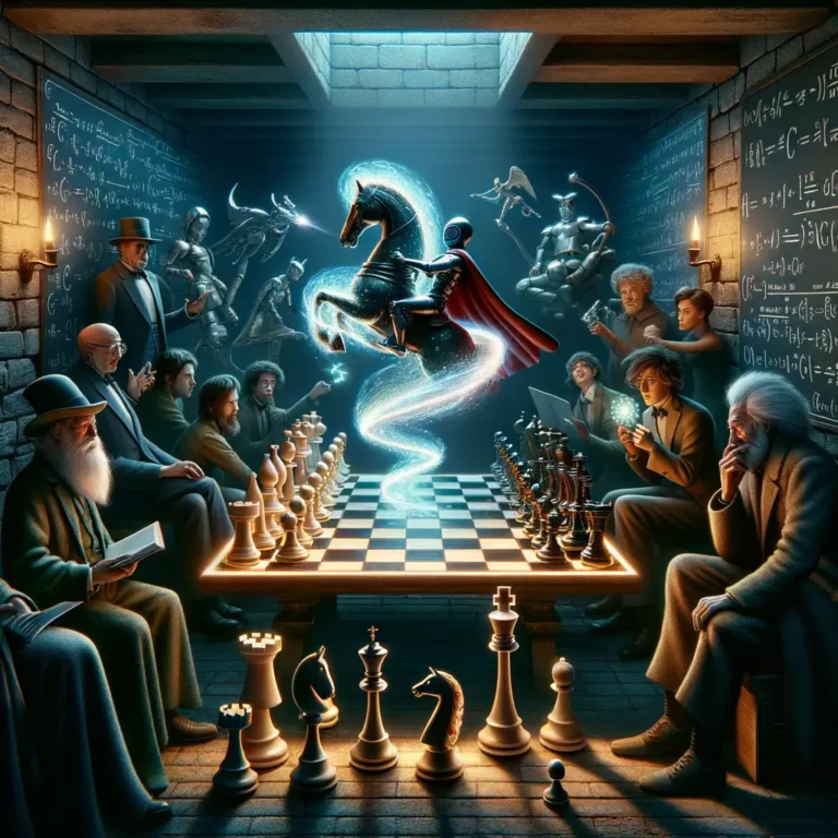 caballo con capa y espada resplandeciente en un tablero de ajedrez surrealista rodeado de personajes excéntricos y ecuaciones flotantes en un sótano oscuro