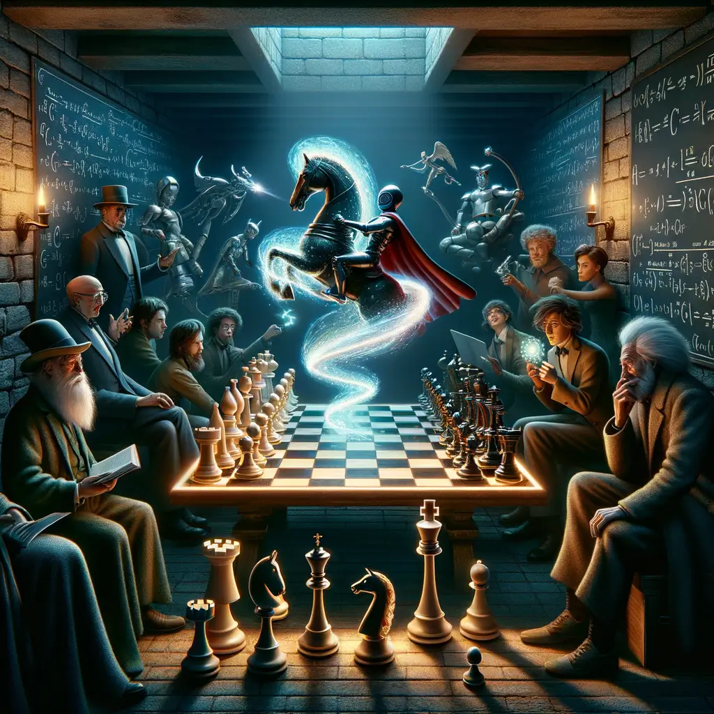 caballo con capa y espada resplandeciente en un tablero de ajedrez surrealista rodeado de personajes excéntricos y ecuaciones flotantes en un sótano oscuro
