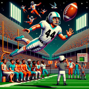 jugador de fútbol con uniforme retro flota sobre el campo mientras otros jugadores y un árbitro digital observan sorprendidos junto a un balón y una gaviota levitante