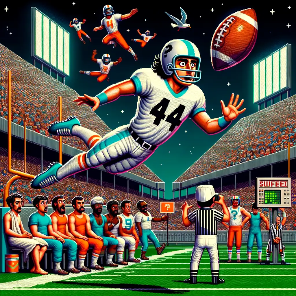 jugador de fútbol con uniforme retro flota sobre el campo mientras otros jugadores y un árbitro digital observan sorprendidos junto a un balón y una gaviota levitante
