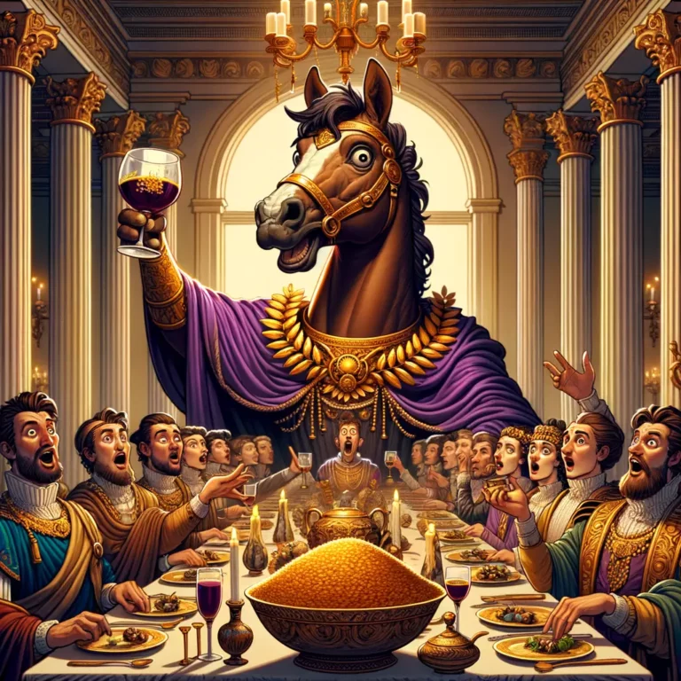 Caballo con laurel dorado en la cabeza se sienta en la cabecera de una mesa rodeado de nobles romanos asombrados.