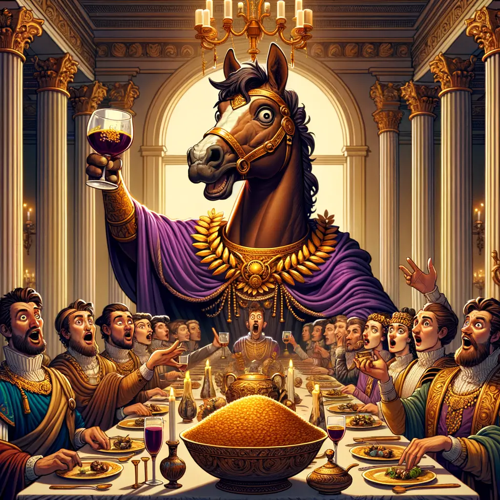 Caballo con laurel dorado en la cabeza se sienta en la cabecera de una mesa rodeado de nobles romanos asombrados.