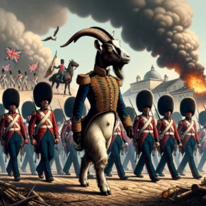 Cabra vestida con chaqueta militar lidera un desfile de soldados británicos en formación, con un paisaje de batalla y humo al fondo.