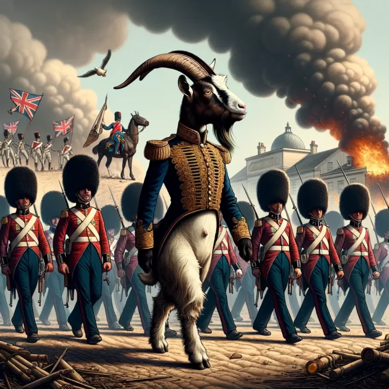 Cabra vestida con chaqueta militar lidera un desfile de soldados británicos en formación, con un paisaje de batalla y humo al fondo.