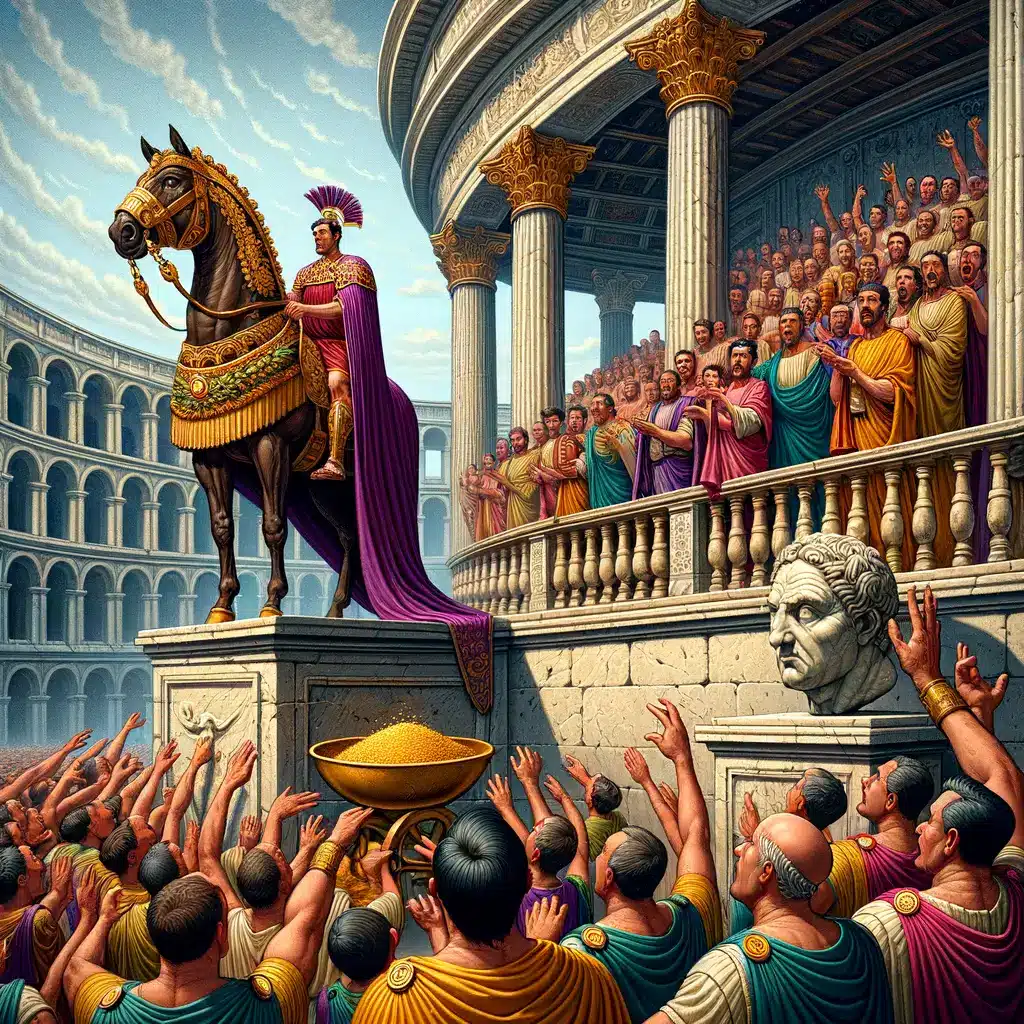 emperador Calígula sonríe junto a su caballo Incitatus vestido como cónsul mientras senadores romanos observan perplejos desde el balcón del palacio imperial