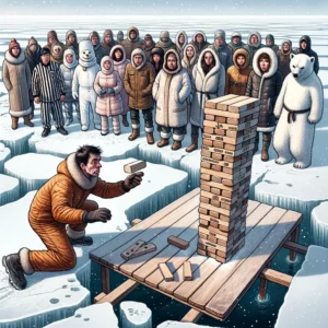 espectador abrigado observa a un competidor sacar un bloque de jenga sobre un lago helado mientras un oso polar vestido de árbitro levanta una pata