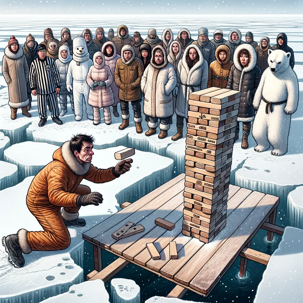 espectador abrigado observa a un competidor sacar un bloque de jenga sobre un lago helado mientras un oso polar vestido de árbitro levanta una pata