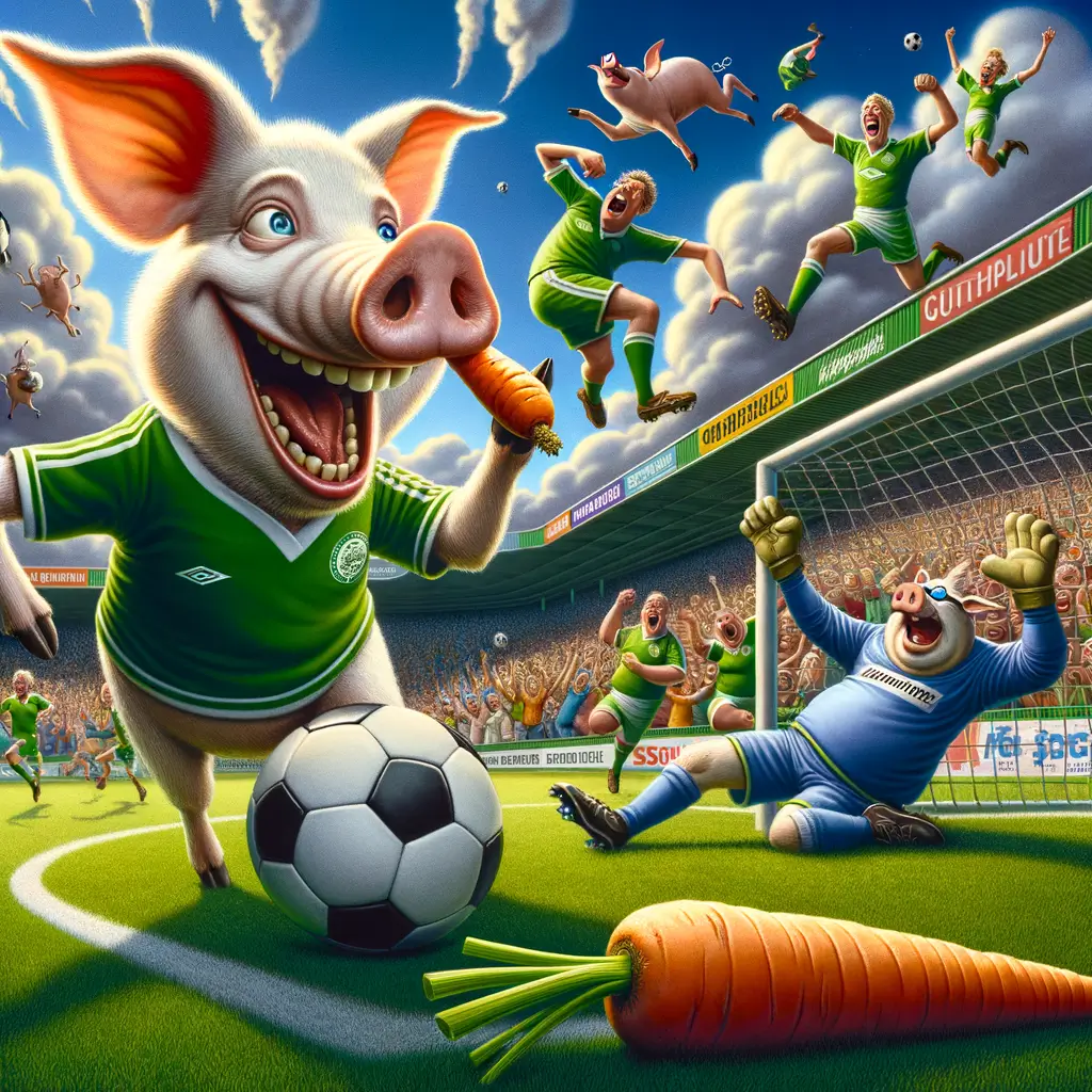 un cerdo caricaturesco llamado Ziggy corre hacia un gol con un balón en el hocico mientras espectadores animados celebran en un campo de fútbol