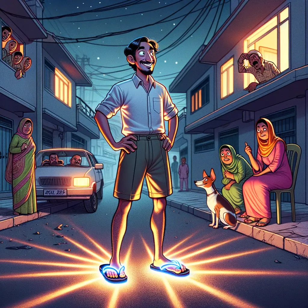 hombre en calle oscura lleva chanclas luminosas que proyectan luces vibrantes mientras vecinos curiosos observan desde sus ventanas y un perro mira sorprendido