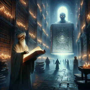 un anciano con barba blanca sostiene un libro brillante en una biblioteca oscura mientras figuras espectrales observan desde el fondo