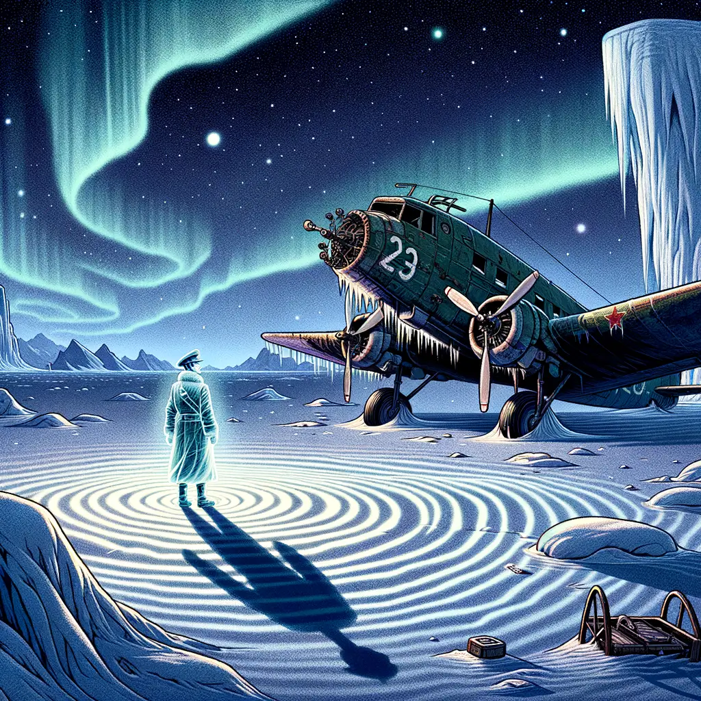 un avión de la segunda guerra mundial parcialmente cubierto de hielo con un piloto espectral flotando a su lado bajo una aurora boreal