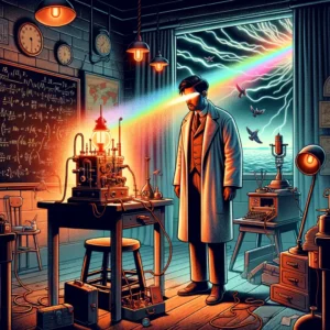 científico con bata blanca intenta protegerse de un dispositivo brillante en un laboratorio oscuro lleno de equipos antiguos y ecuaciones en las paredes