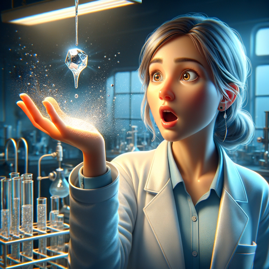 persona sorprendida sostiene galio derritiéndose en su mano, con gotas plateadas suspendidas en el aire en un laboratorio iluminado