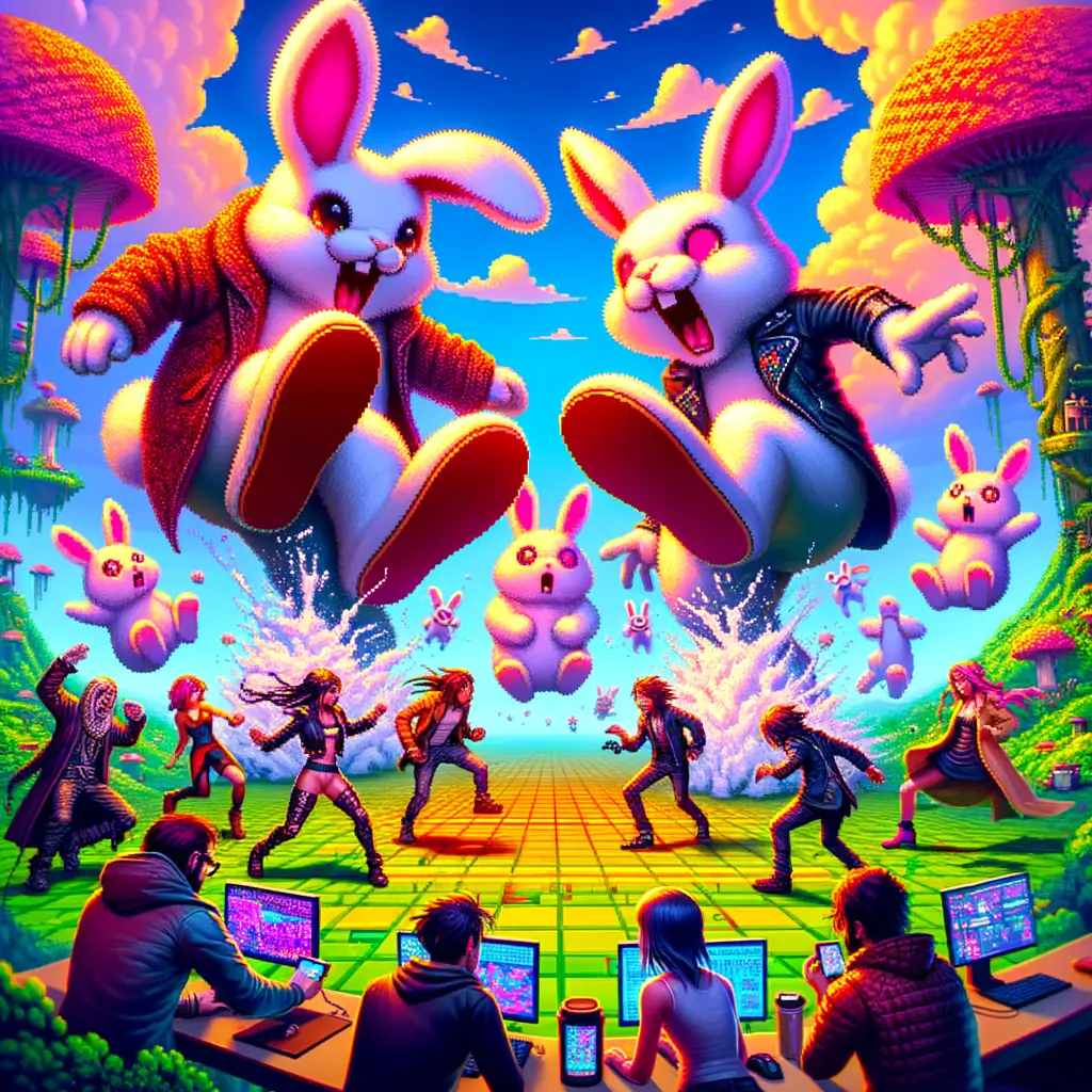 Un conejo gigante de dos cabezas baila claqué en un paisaje pixelado mientras jugadores asombrados observan y conejos pequeños saltan alrededor.