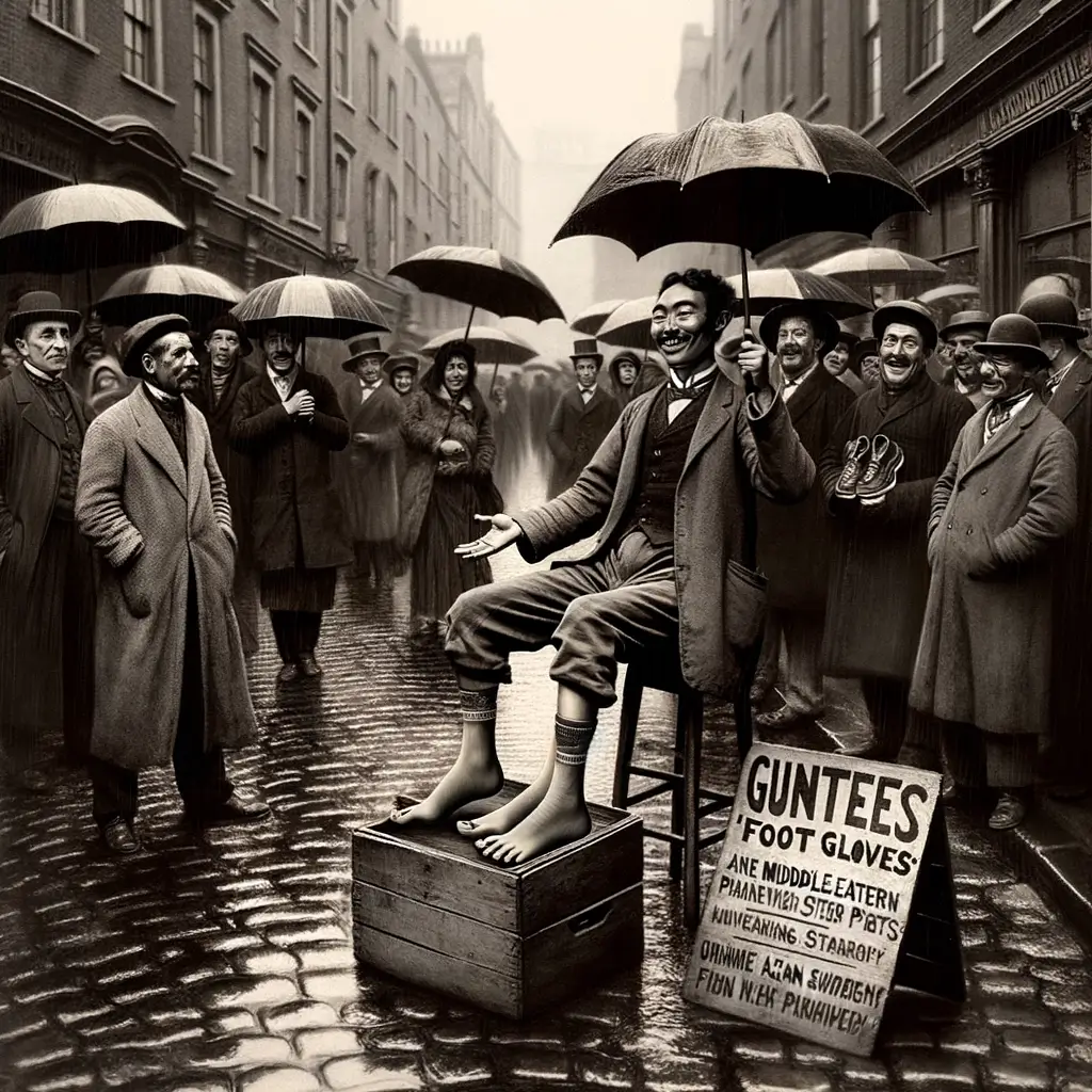 vendedor en una calle lluviosa de Londres del siglo XIX muestra guantes para pies mientras los transeúntes observan con curiosidad y asombro