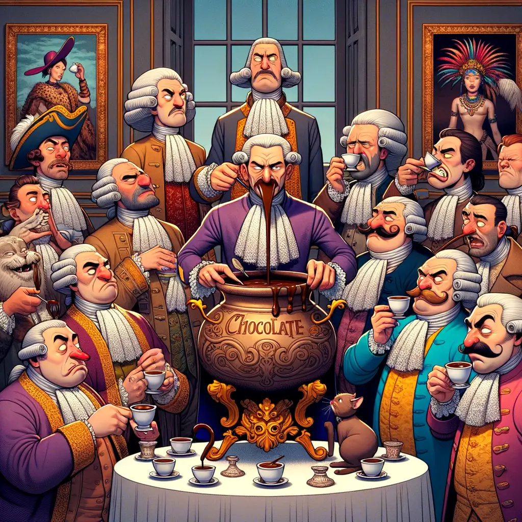 aristócratas del siglo XVII con expresiones incómodas observan a un chef de chocolate mientras sirve una bebida espumosa en una sala de baile opulenta