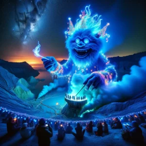 Figura gigante similar a un Pitufo con sombrero de fiesta dirige un espectáculo de luces sobre el cráter del Monte Ijen con llamas azules.