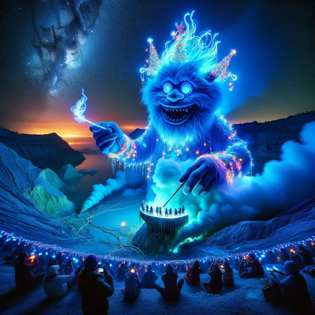 Figura gigante similar a un Pitufo con sombrero de fiesta dirige un espectáculo de luces sobre el cráter del Monte Ijen con llamas azules.