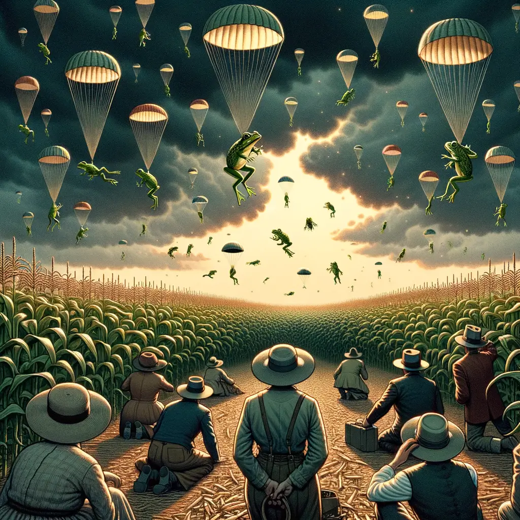 campesinos en un campo de maíz observan ranas con paracaídas descendiendo del cielo oscuro mientras intentan atraparlas con sus sombreros