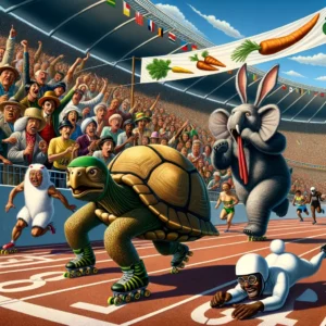 hombre disfrazado de tortuga lidera una carrera surrealista en un estadio mientras un conejo se tropieza y un elefante en patines pierde el equilibrio