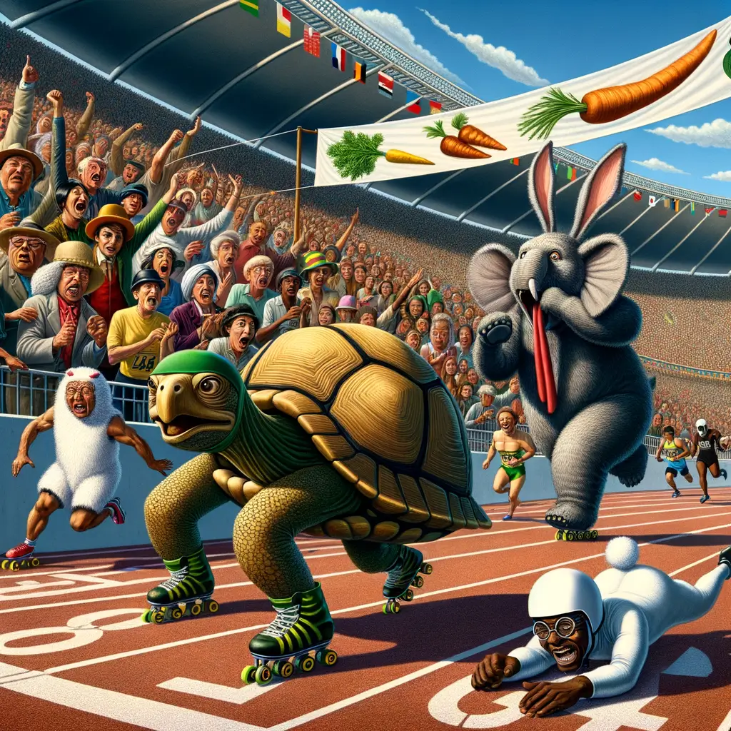 hombre disfrazado de tortuga lidera una carrera surrealista en un estadio mientras un conejo se tropieza y un elefante en patines pierde el equilibrio