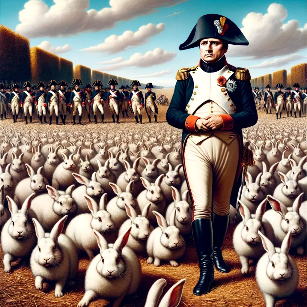 Napoleón Bonaparte sostiene su sombrero rodeado por una multitud de conejos avanzando organizadamente en un campo francés, mientras su séquito observa sorprendido.